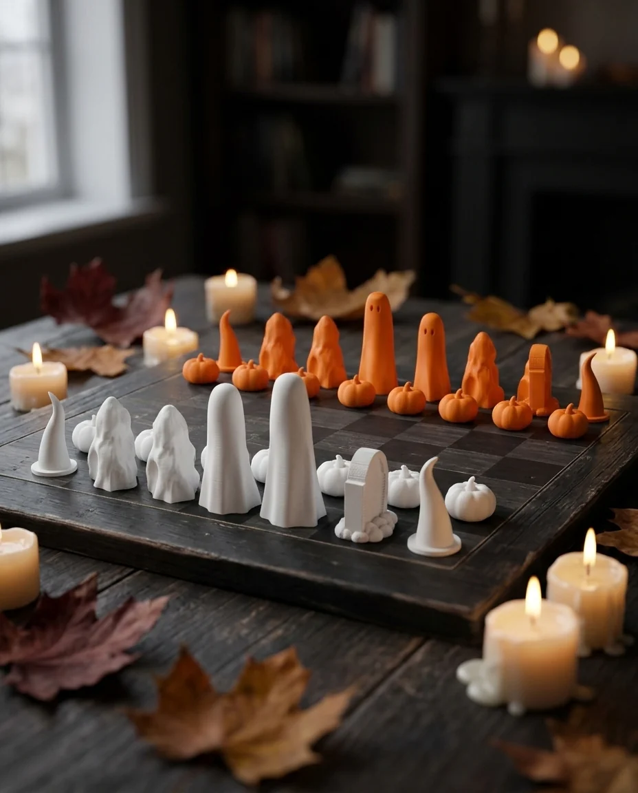 Ajedrez impreso en 3D en multicolor (blanco y naranja): juego de ajedrez de halloween (imagen ilustrativa)