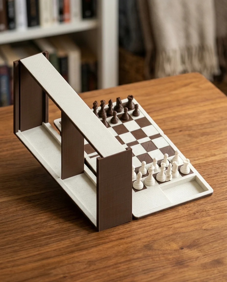 Ajedrez impreso en 3D en multicolor (chocolate y blanco): tablero y caja de ajedrez (imagen ilustrativa)
