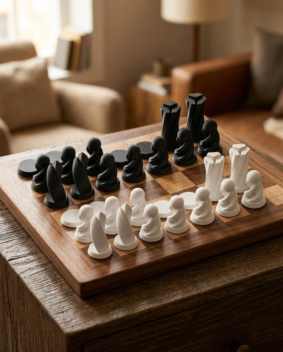 Ajedrez impreso en 3D en multicolor (blanco y negro): juego de ajedrez contemporáneo (imagen ilustrativa)