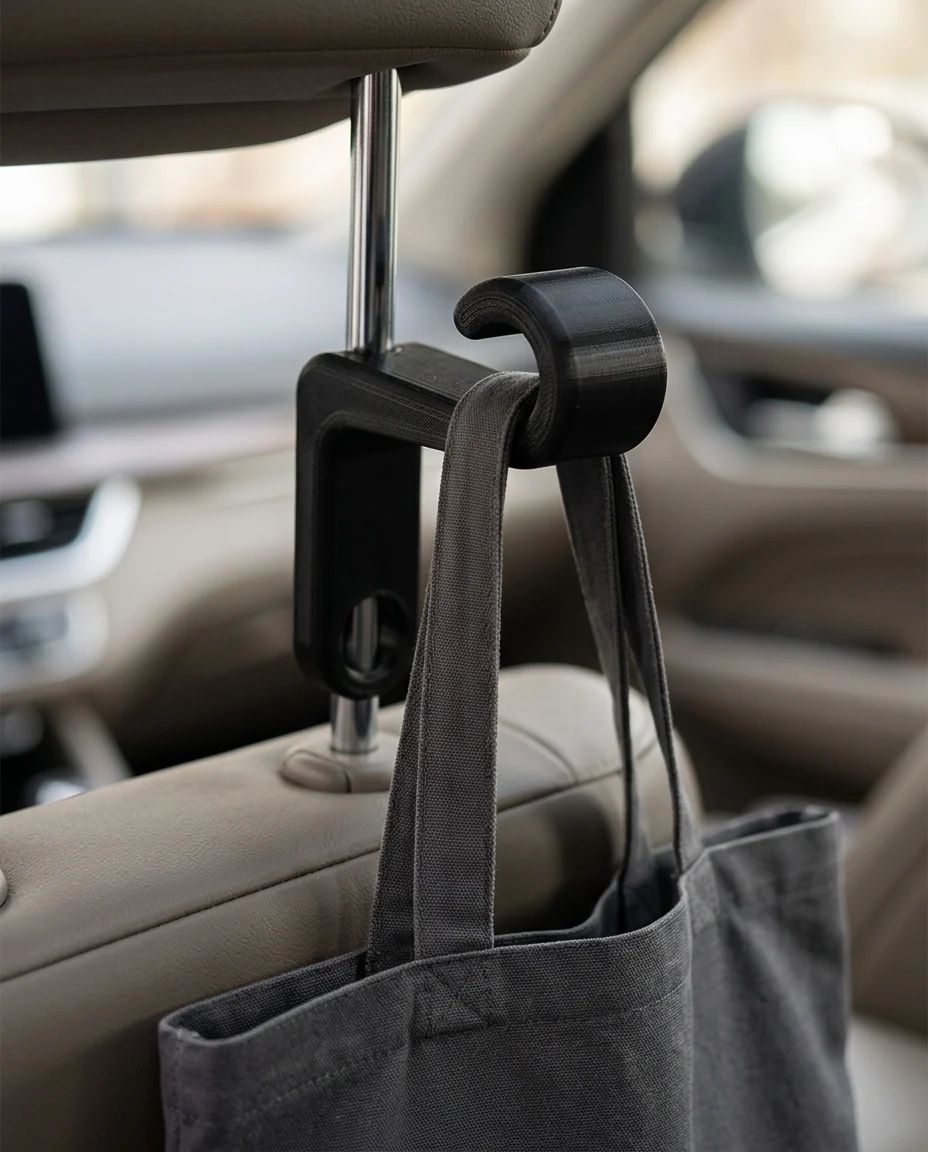 Gancho para el apoyacabezas del asiento: accesorio para auto impreso en 3D en PLA (imagen ilustrativa)