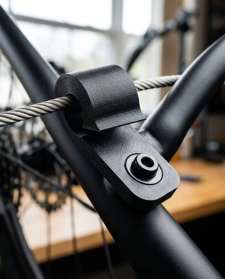 Accesorio para bicicleta impreso en 3D en multicolor (negro y gris oscuro): guía de cable para el cuadro (imagen ilustrativa)