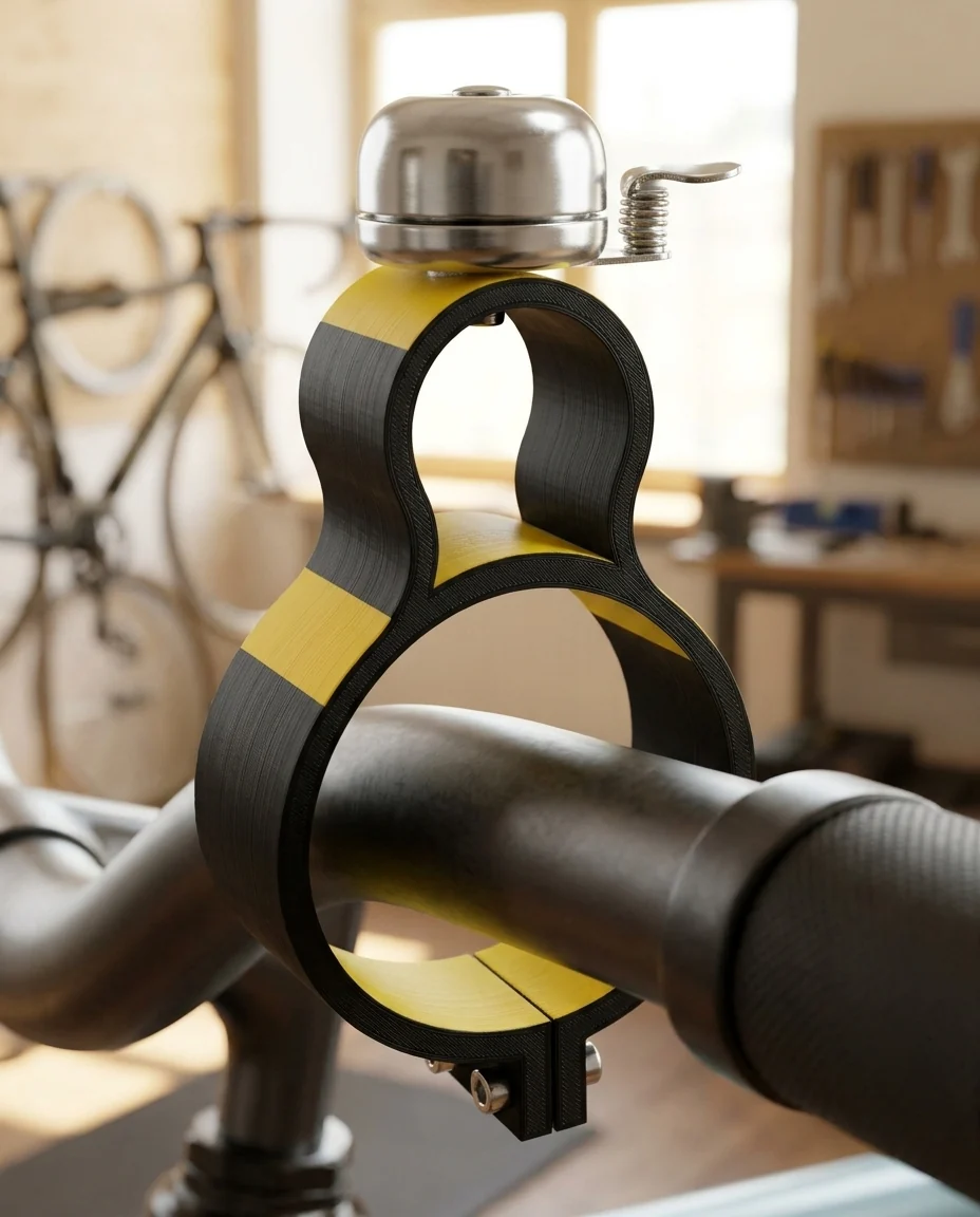 Accesorio para bicicleta impreso en 3D en multicolor (negro y amarillo): soporte para timbre (imagen ilustrativa)