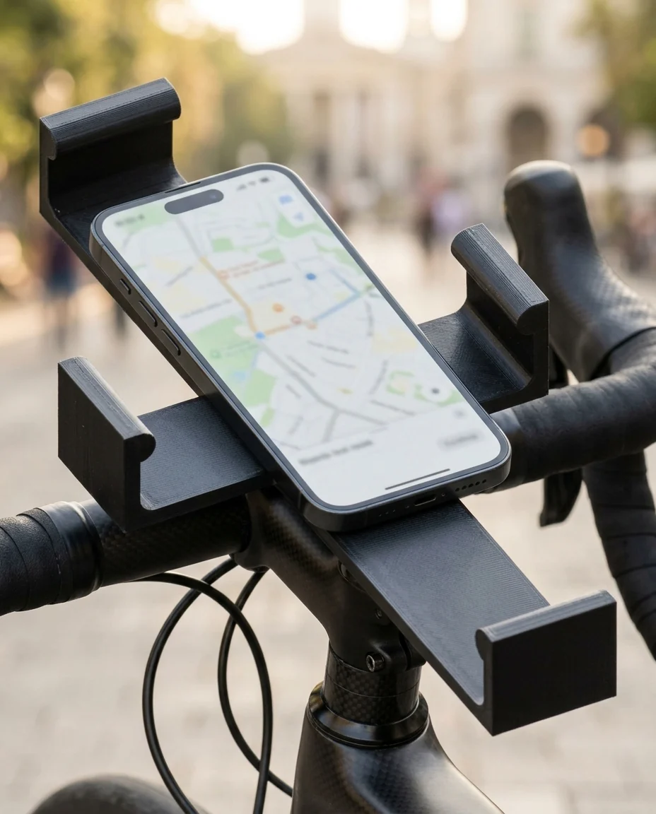 Accesorio para bicicleta impreso en 3D en multicolor (negro y gris oscuro): soporte de celular para la potencia (imagen ilustrativa)