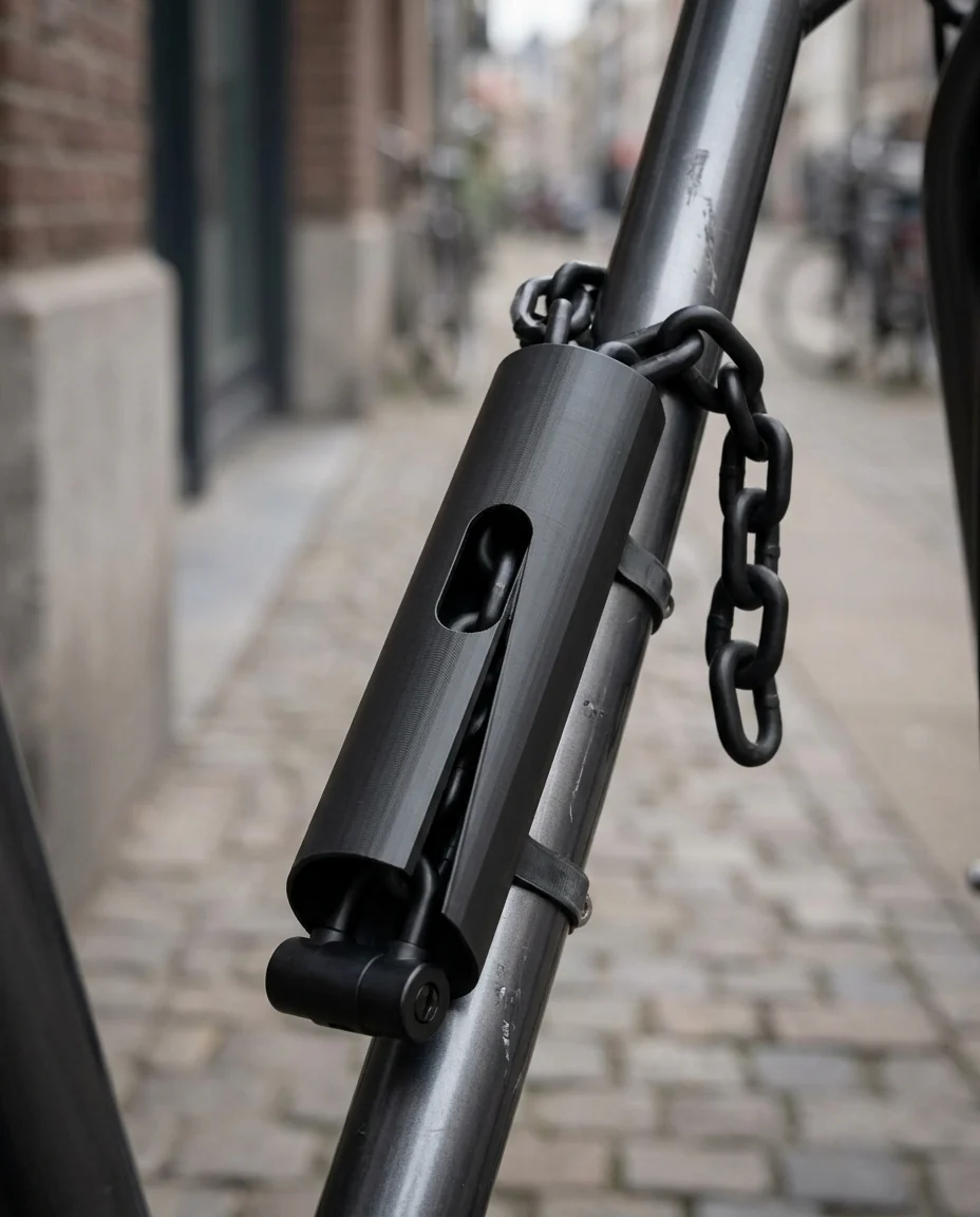 Accesorio para bicicleta impreso en 3D en multicolor (negro y gris oscuro): portacandado de cadena (imagen ilustrativa)