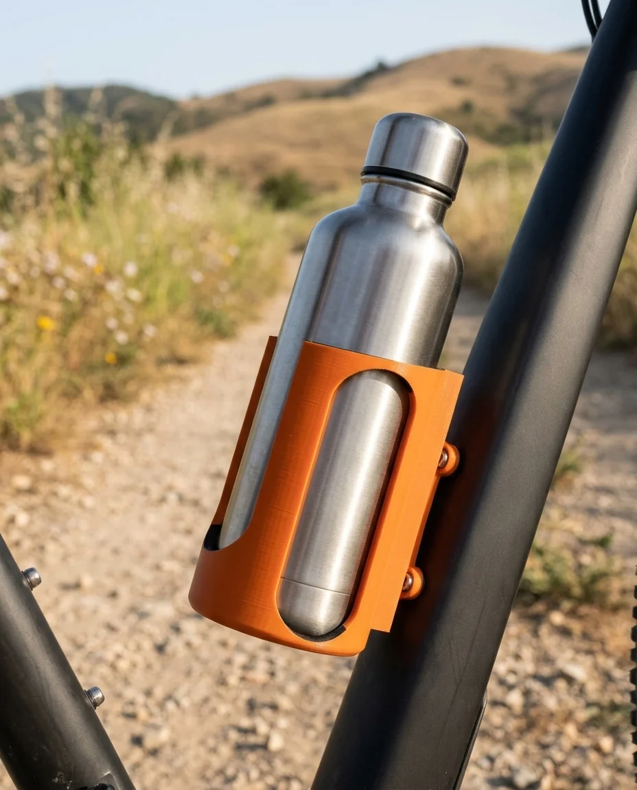 Accesorio para bicicleta impreso en 3D en multicolor (naranja y negro): portabotellas para botella térmica (imagen ilustrativa)