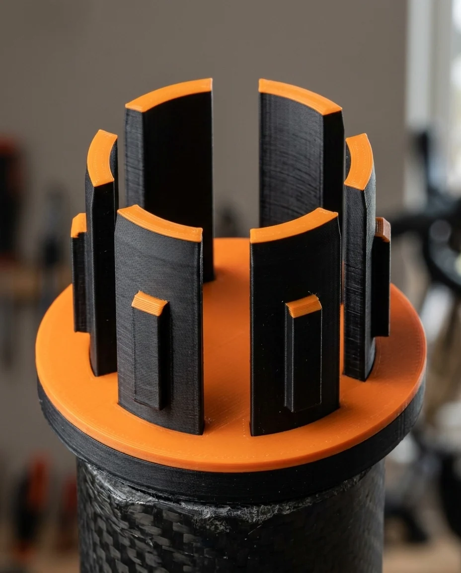 Accesorio para bicicleta impreso en 3D en multicolor (negro y naranja): tapón de manubrio (imagen ilustrativa)