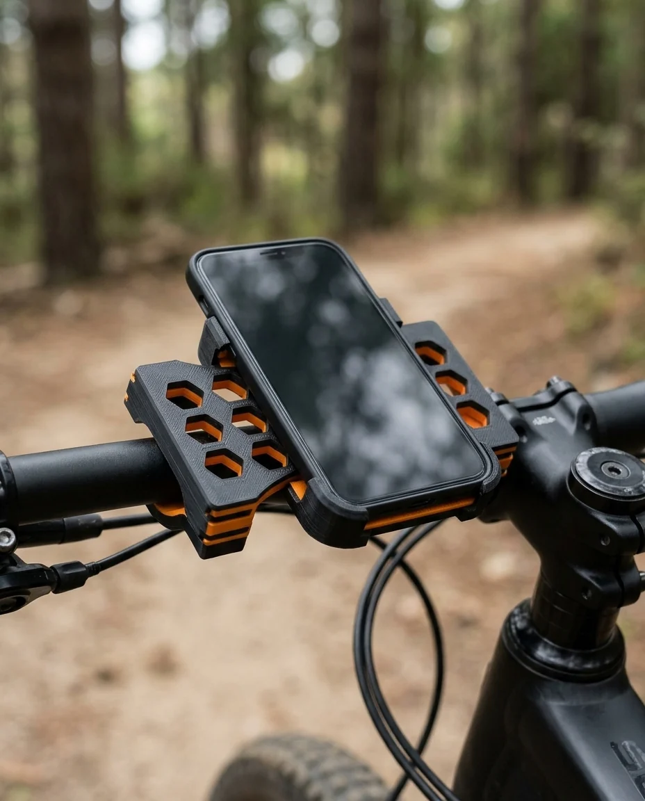 Accesorio para bicicleta impreso en 3D en multicolor (negro y naranja): soporte de celular para manubrio (imagen ilustrativa)