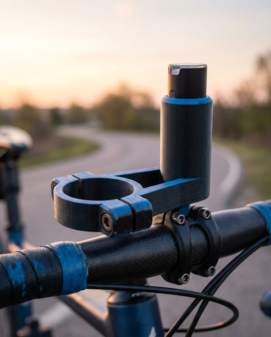 Accesorio para bicicleta impreso en 3D en multicolor (negro y azul): soporte de luz o ciclocomputadora para manubrio (imagen ilustrativa)