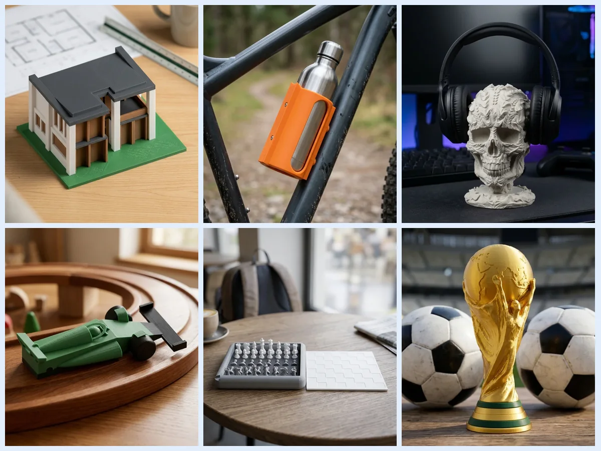 Diseños 3D para Imprimir: Catálogo con Precios Diseños 3D para imprimir: mosaico de una maqueta, un portabotellas, un soporte de auriculares, un auto de Fórmula 1, un ajedrez de viaje y una copa impresos en 3D (imagen ilustrativa)