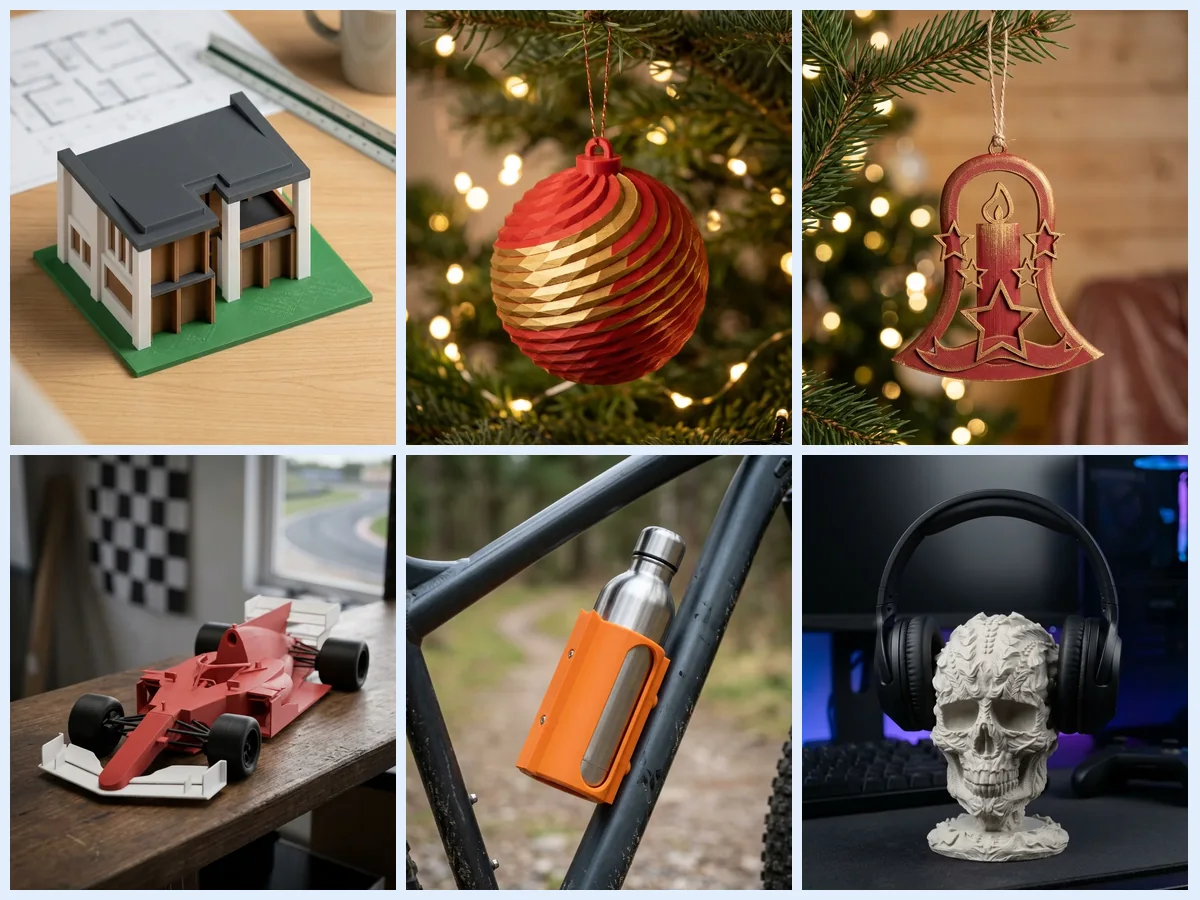 Impresión 3D multicolor: mosaico de una maqueta, dos adornos de Navidad, un auto de Fórmula 1, un portabotellas y un soporte de auriculares impresos en varios colores (imagen ilustrativa)