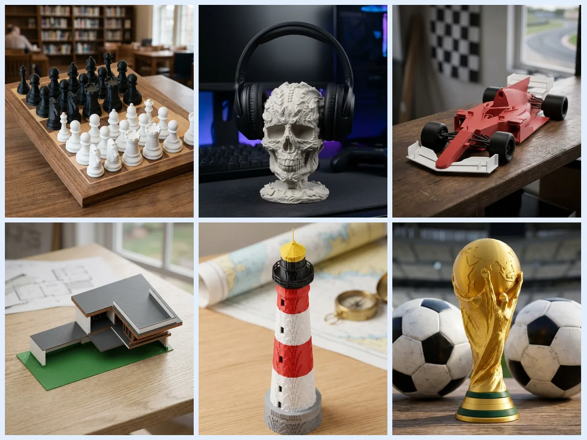 Impresión 3D para Navidad: Regalos y Decoración Impresión 3D para Navidad: mosaico de un ajedrez, un soporte de auriculares gamer, un auto de Fórmula 1, dos maquetas y una copa impresos en 3D (imagen ilustrativa)