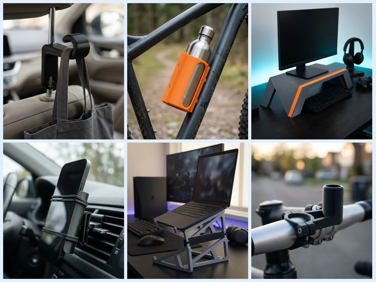 Objetos Útiles Impresos en 3D: Ganchos y Soportes Objetos útiles impresos en 3D: mosaico de un gancho, un portabotellas, un elevador de monitor, un soporte de celular, un soporte de notebook y un soporte de luz (imagen ilustrativa)