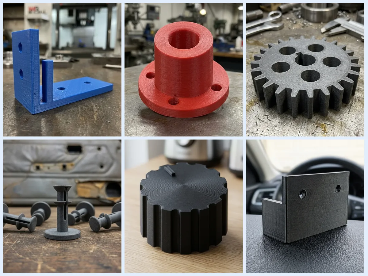 Piezas 3D a medida: mosaico de un soporte en L, un buje con brida, un engranaje recto, un clip de tapizado, una perilla estriada y un soporte de accesorio impresos en 3D en PETG (imagen ilustrativa)