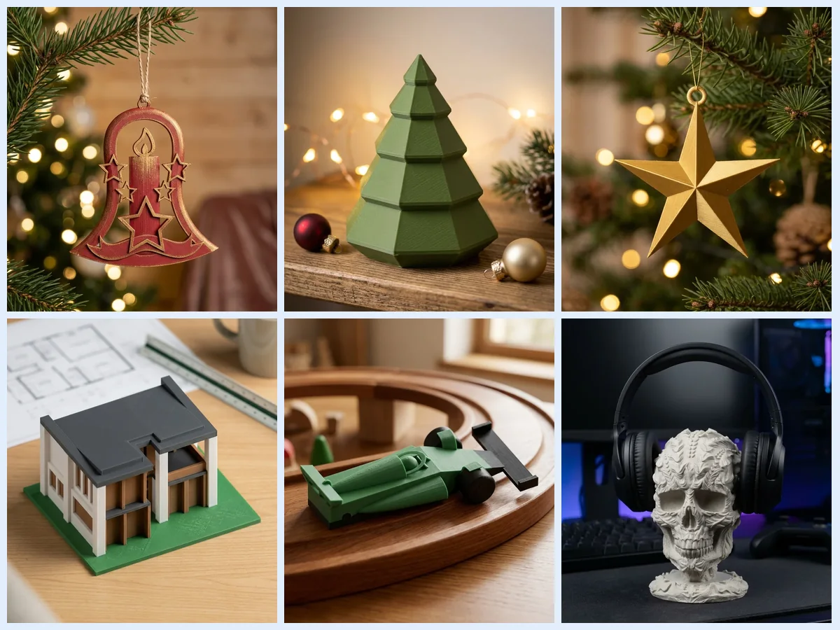 Impresión 3D en PLA: mosaico de una campana, un arbolito, una estrella, una maqueta, un auto de Fórmula 1 y un soporte de auriculares impresos en PLA (imagen ilustrativa)