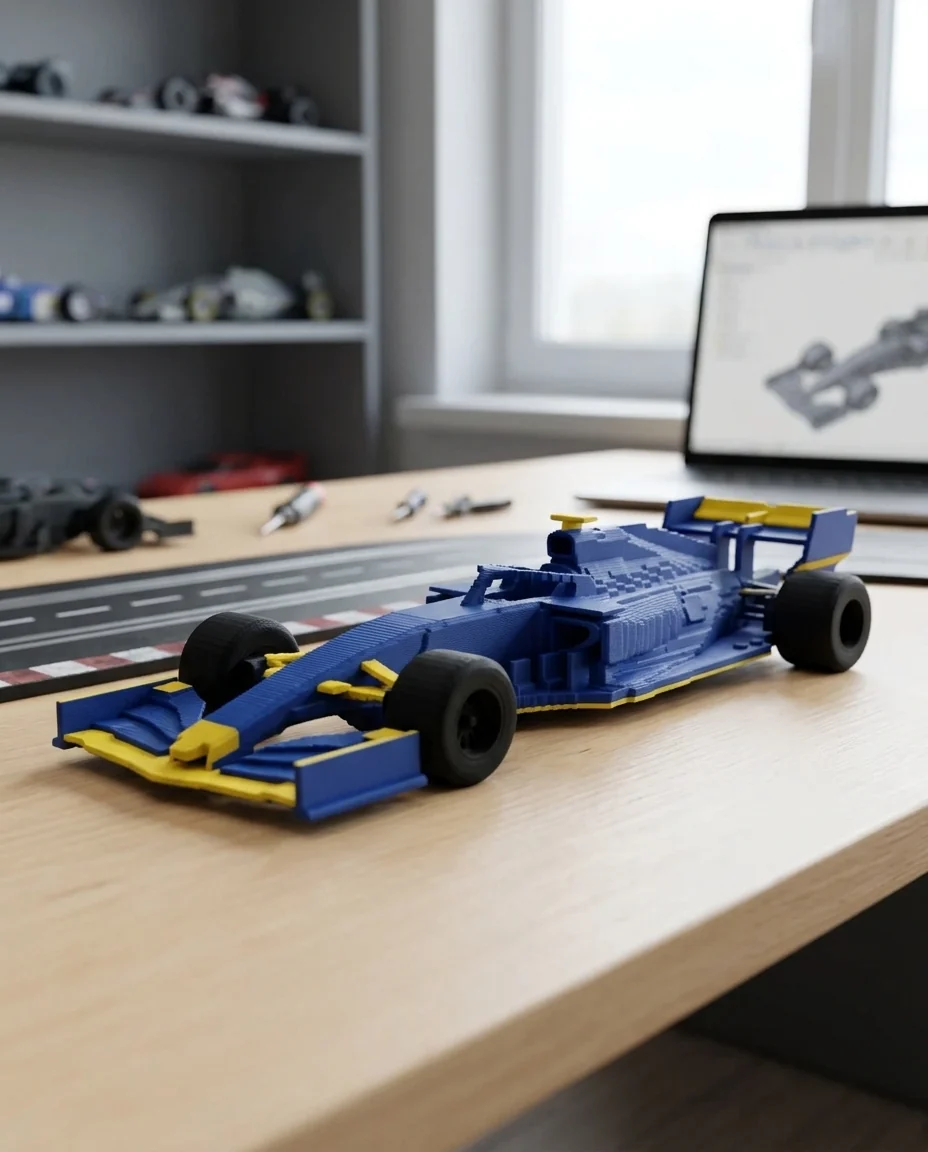 Monoplaza de carreras impreso en 3D en multicolor (azul y negro): monoplaza de carreras estilizado (imagen ilustrativa)