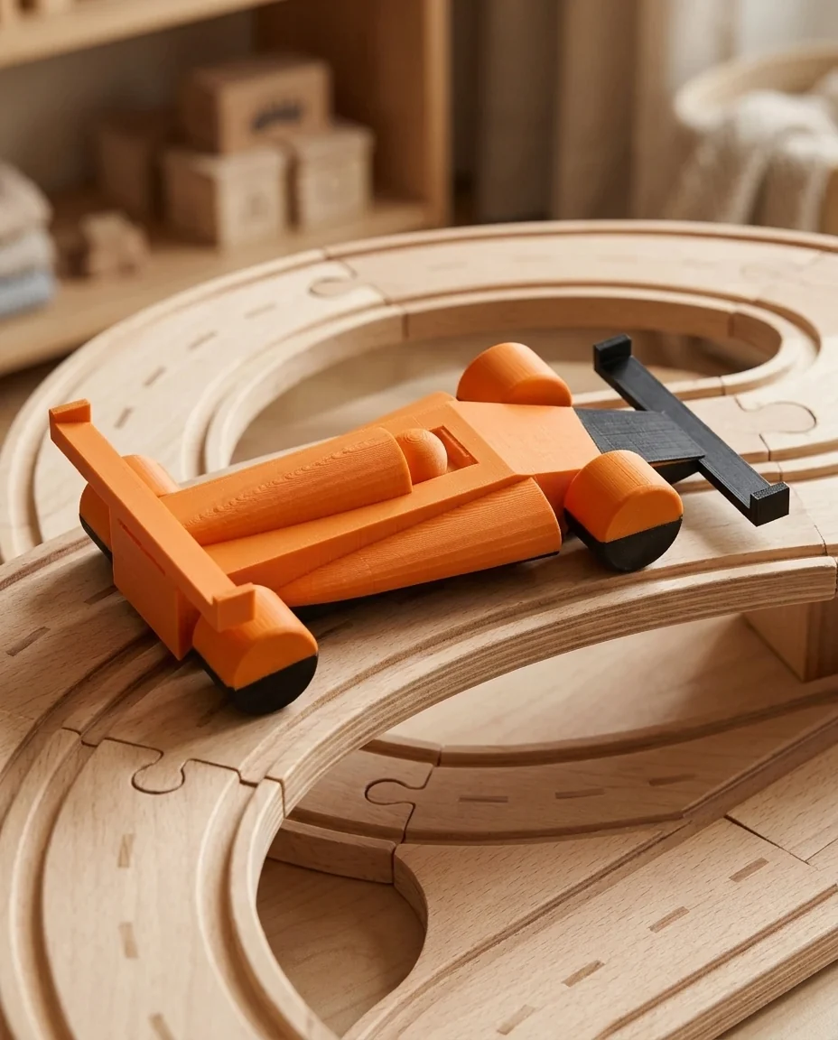 Monoplaza de carreras impreso en 3D en multicolor (naranja y negro): monoplaza clásico con ruedas que giran (imagen ilustrativa)