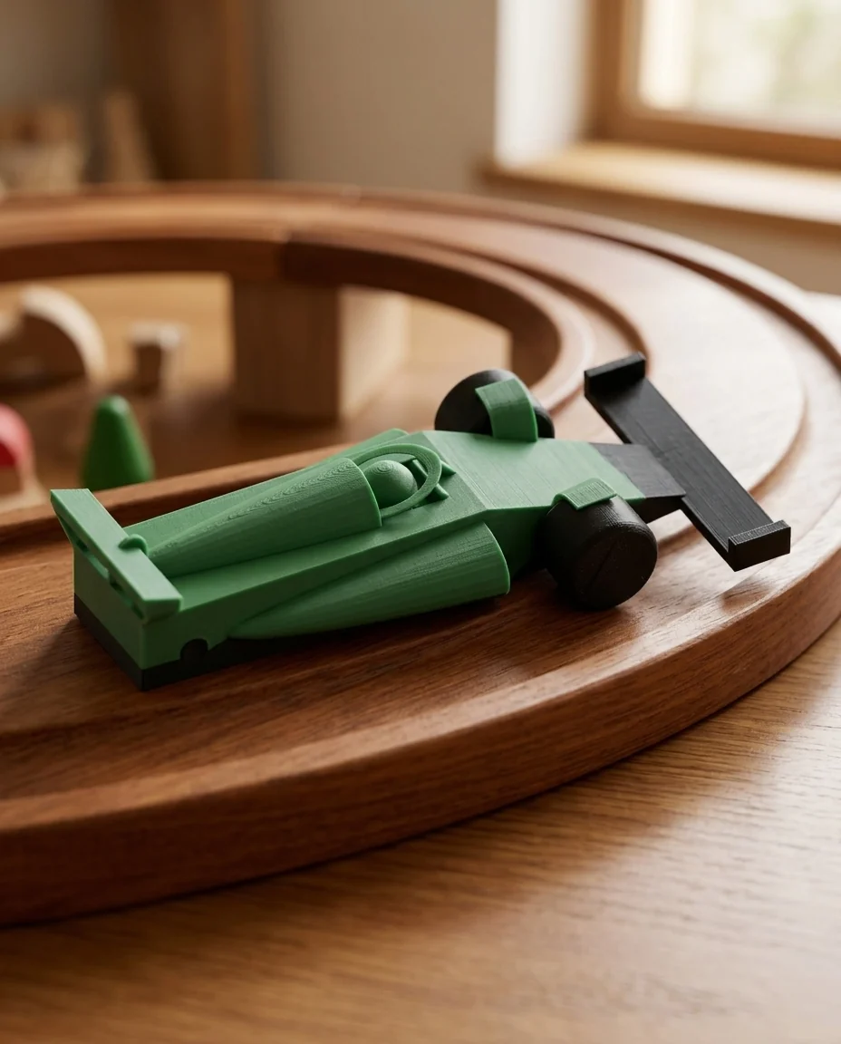 Monoplaza de carreras impreso en 3D en multicolor (verde y negro): monoplaza moderno con ruedas que giran (imagen ilustrativa)