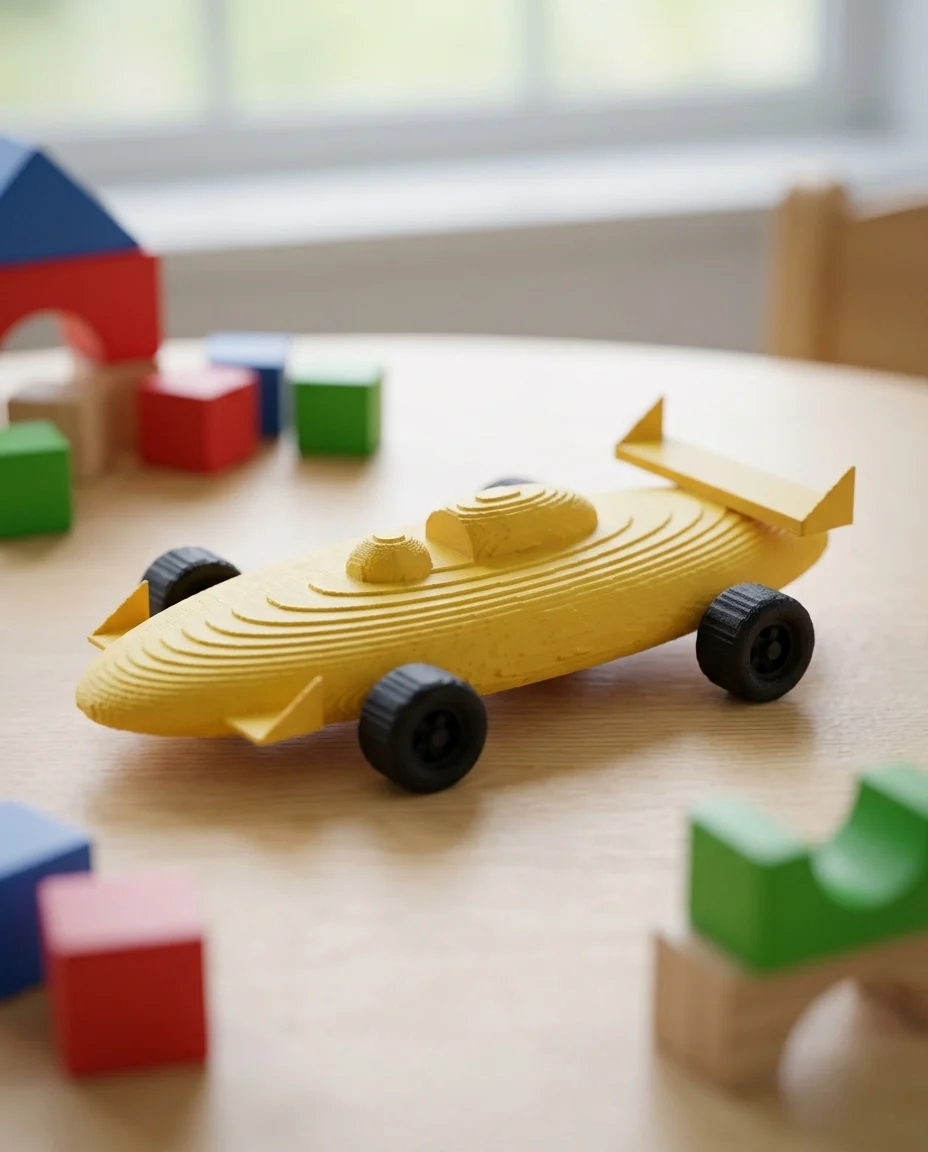 Monoplaza de carreras impreso en 3D en multicolor (amarillo y negro): monoplaza de carreras estilo caricatura (imagen ilustrativa)