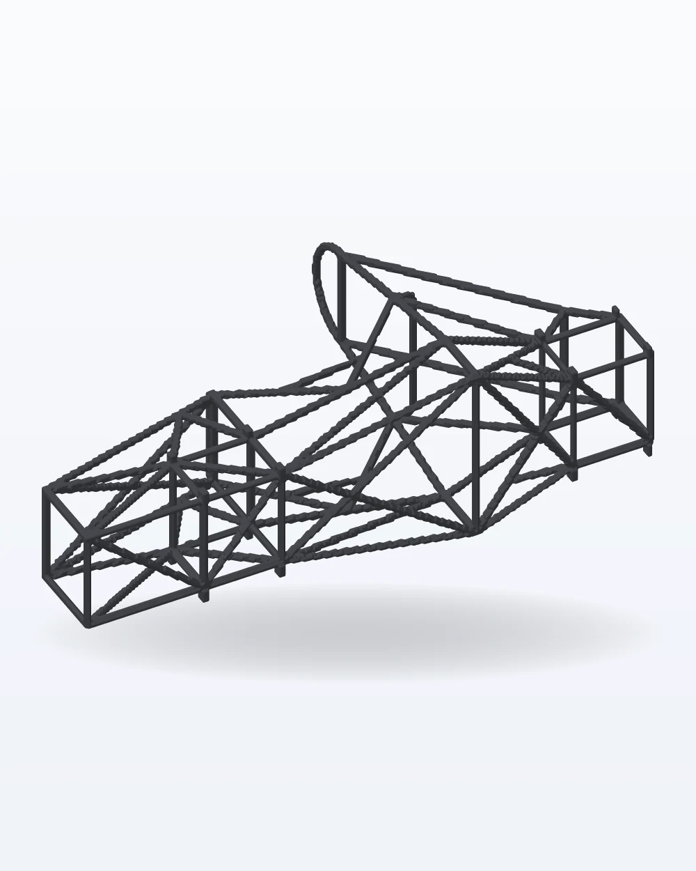 Ilustración del modelo 3D de chasis tubular de monoplaza, con los colores de la impresión
