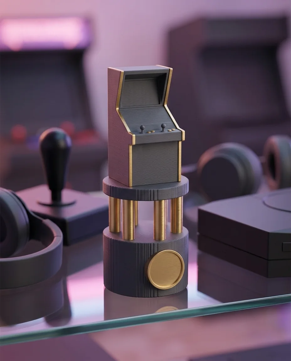 Accesorio gamer impreso en 3D en multicolor (gris oscuro y dorado): trofeo arcade para el ganador (imagen ilustrativa)