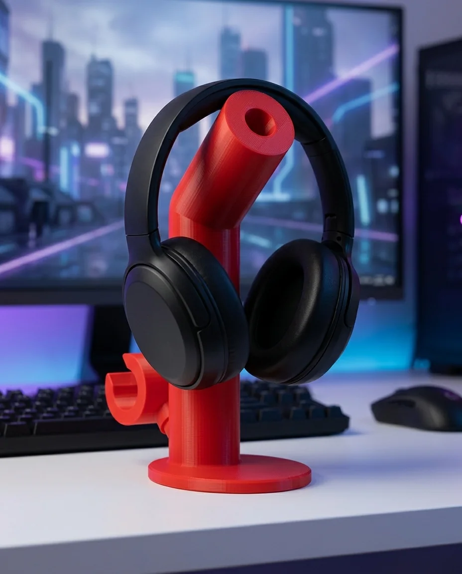 Accesorio gamer impreso en 3D en multicolor (rojo y amarillo): soporte de auriculares con brazo y mano (imagen ilustrativa)