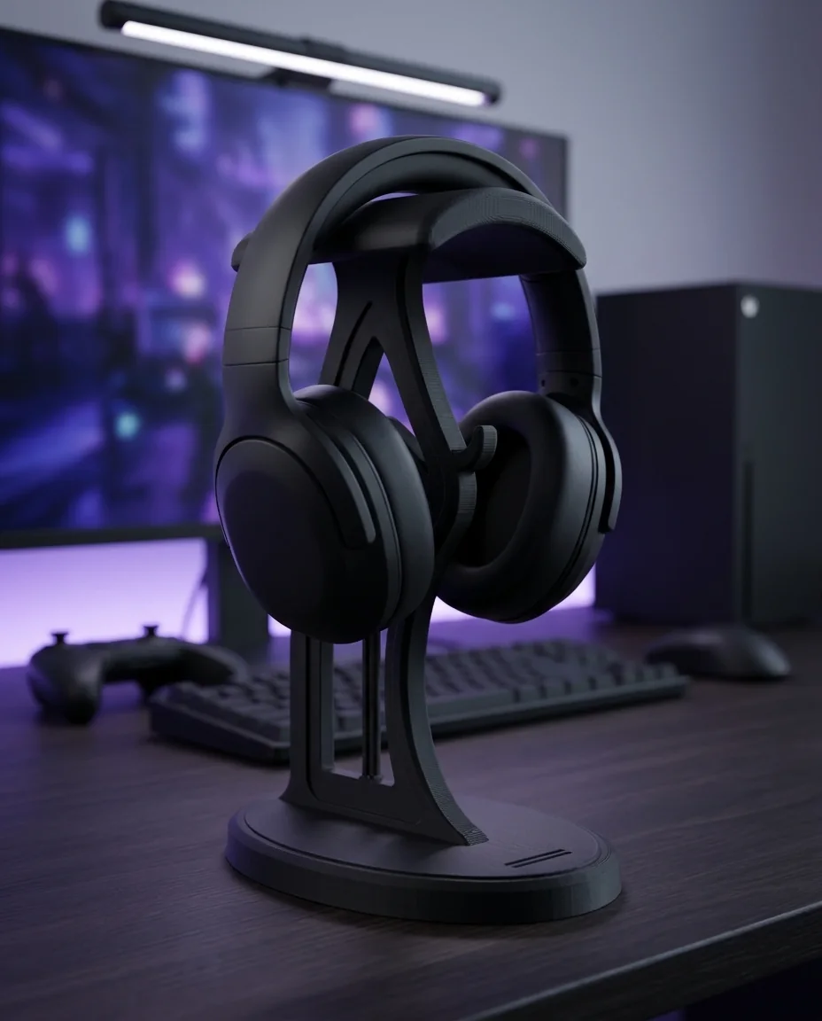 Accesorio gamer impreso en 3D en multicolor (negro y gris oscuro): soporte de auriculares gótico (imagen ilustrativa)