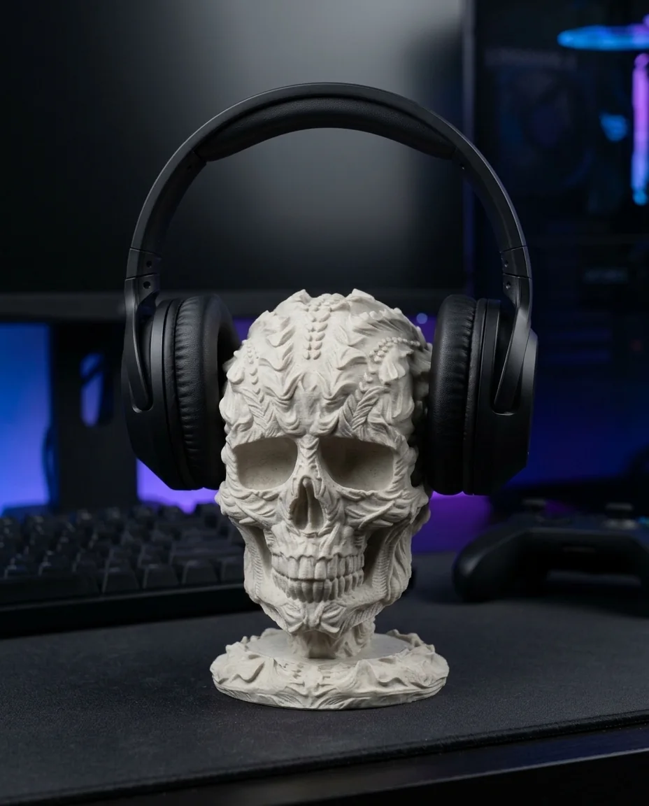 Accesorio gamer impreso en 3D en multicolor (gris claro y blanco): soporte de auriculares con calavera (imagen ilustrativa)