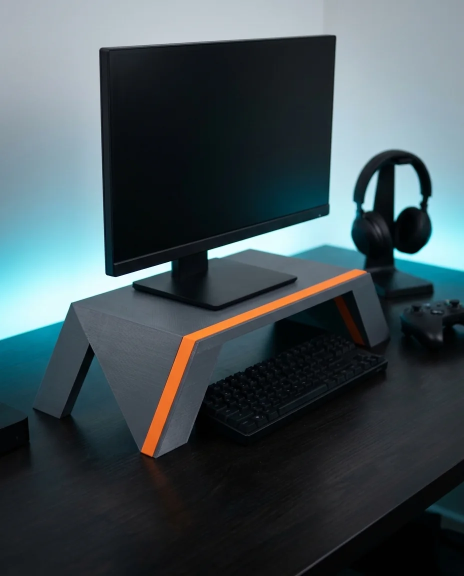 Accesorio gamer impreso en 3D en multicolor (gris oscuro y naranja): elevador de escritorio para monitor (imagen ilustrativa)