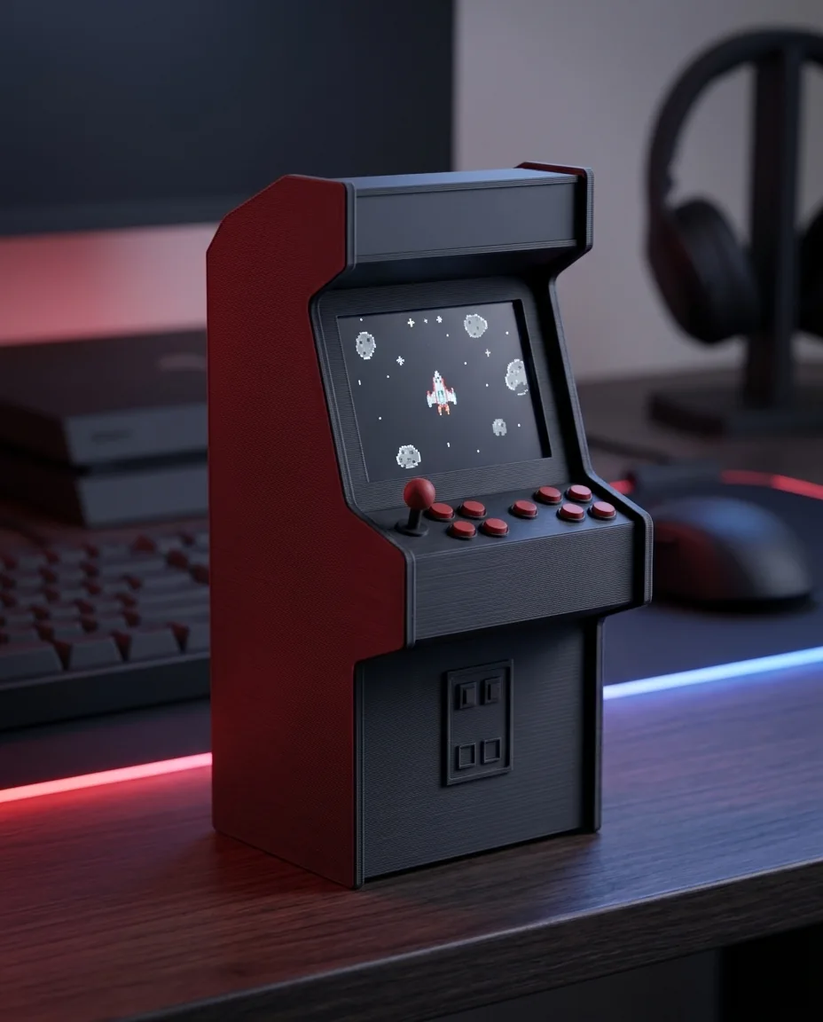 Accesorio gamer impreso en 3D en multicolor (negro y rojo): gabinete arcade de escritorio (imagen ilustrativa)