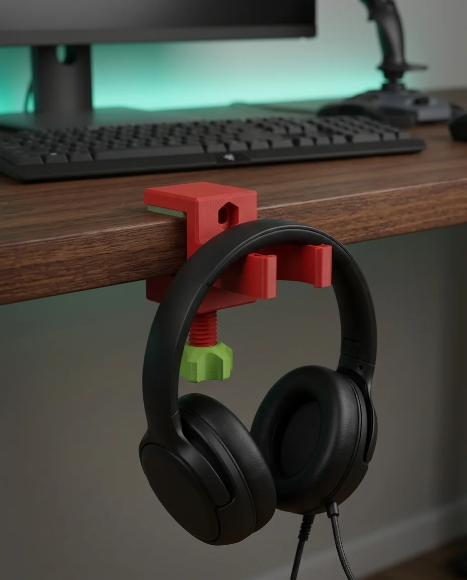 Accesorio gamer impreso en 3D en multicolor (rojo y verde lima): colgador de auriculares con prensa para el escritorio (imagen ilustrativa)