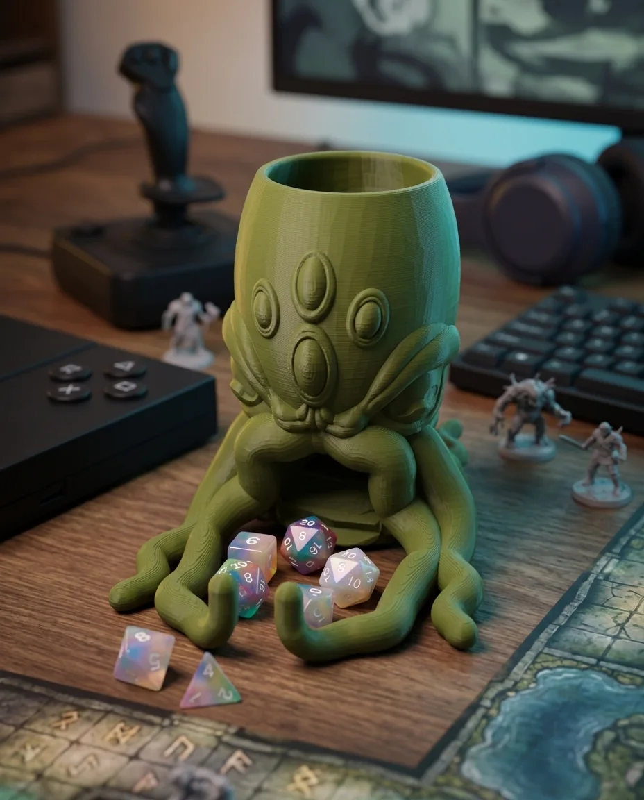 Accesorio gamer impreso en 3D en multicolor (verde oliva y verde): torre de dados de cthulhu (imagen ilustrativa)