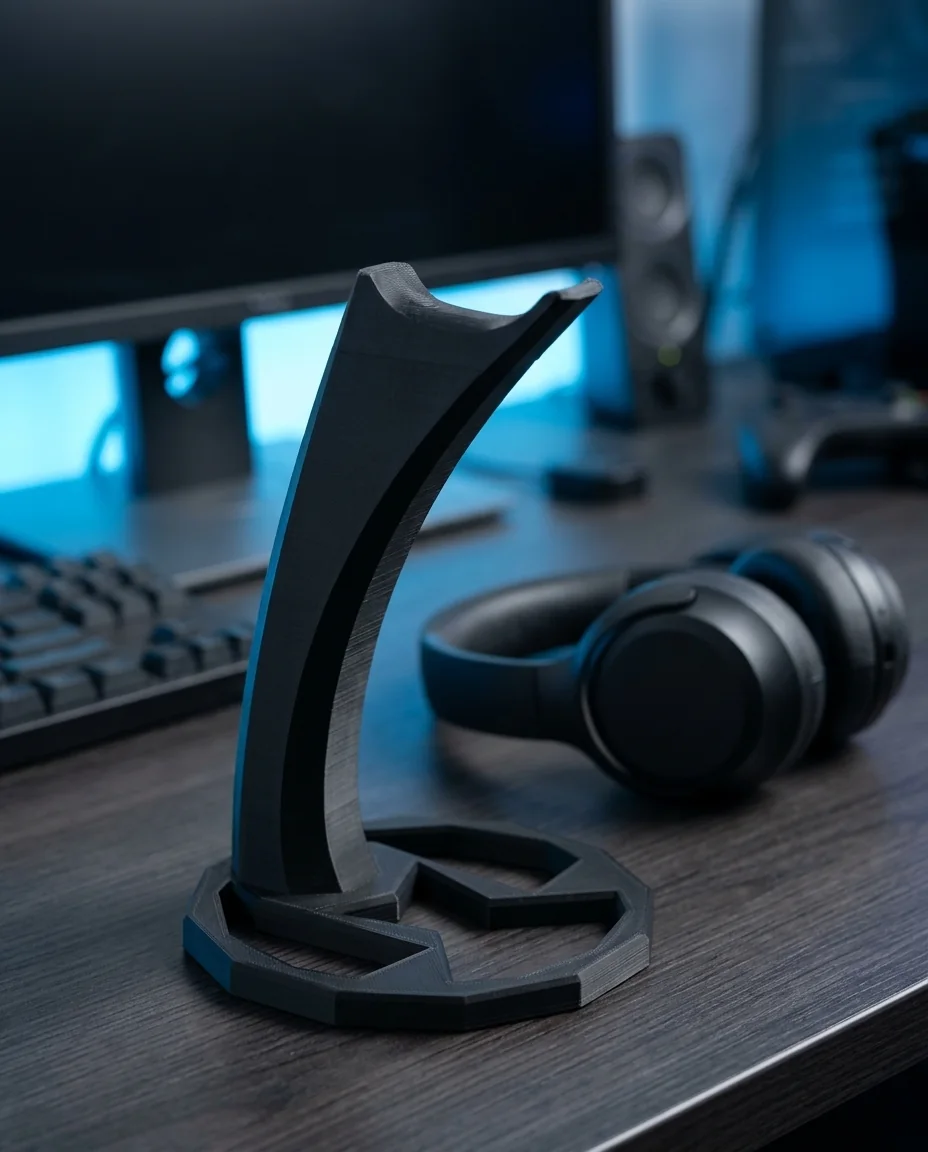 Accesorio gamer impreso en 3D en multicolor (negro y gris oscuro): soporte de auriculares de líneas tecnológicas (imagen ilustrativa)