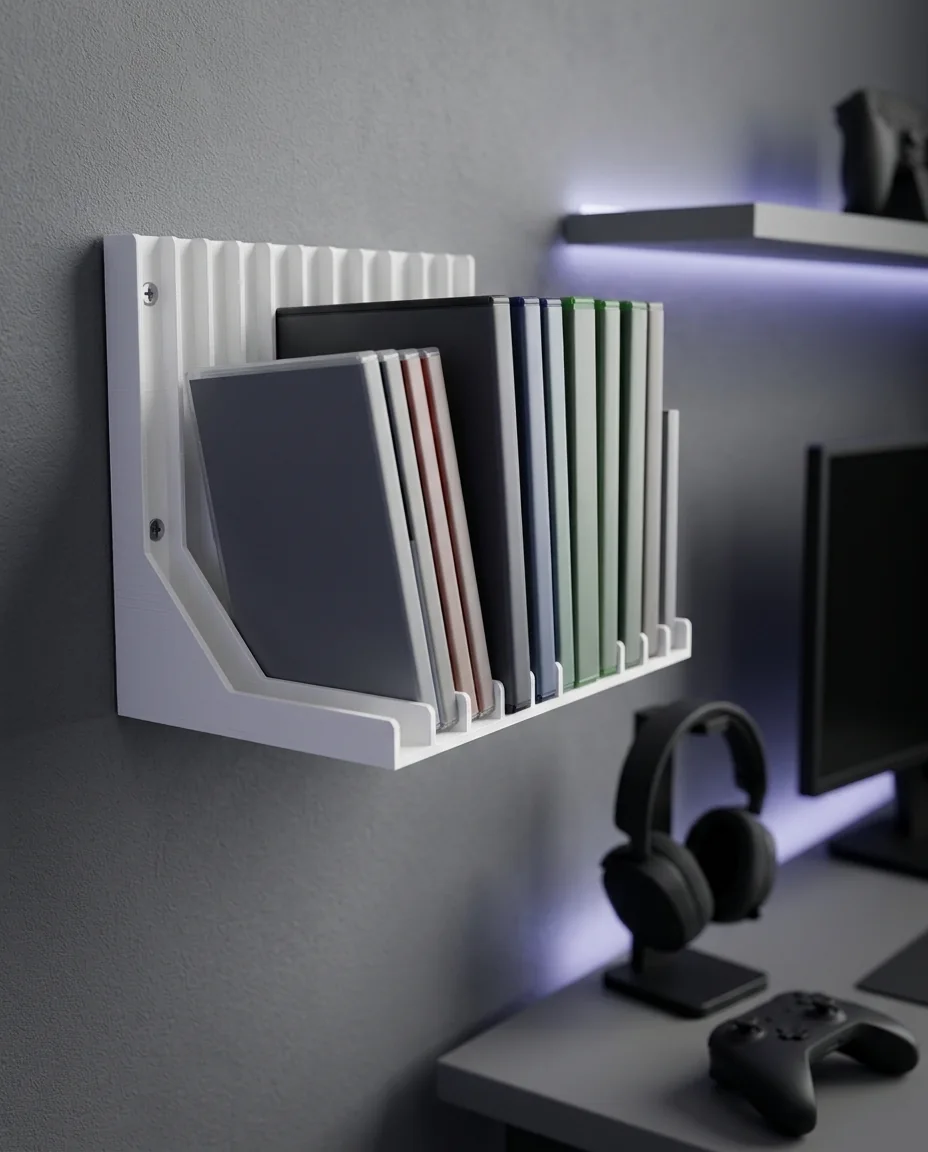 Accesorio gamer impreso en 3D en multicolor (blanco y gris): repisa de pared para 10 juegos de consola (imagen ilustrativa)