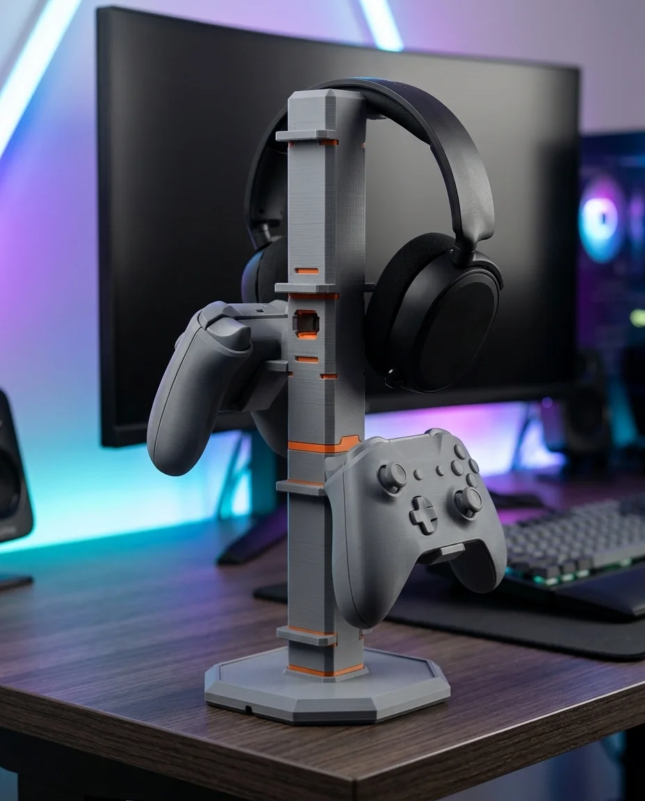 Accesorio gamer impreso en 3D en multicolor (gris y naranja): torre para joysticks y auriculares (imagen ilustrativa)