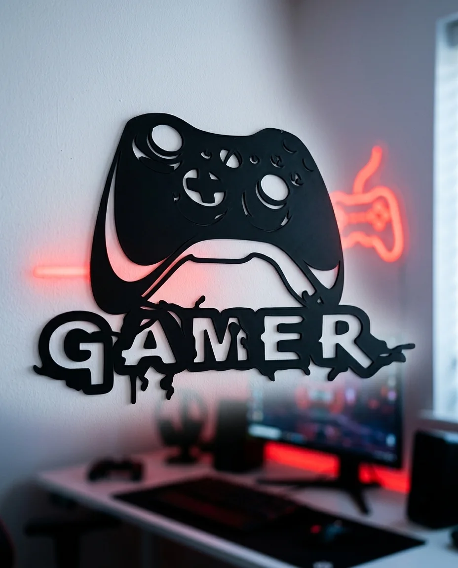 Accesorio gamer impreso en 3D en multicolor (negro y rojo): cartel gamer de pared con joystick (imagen ilustrativa)