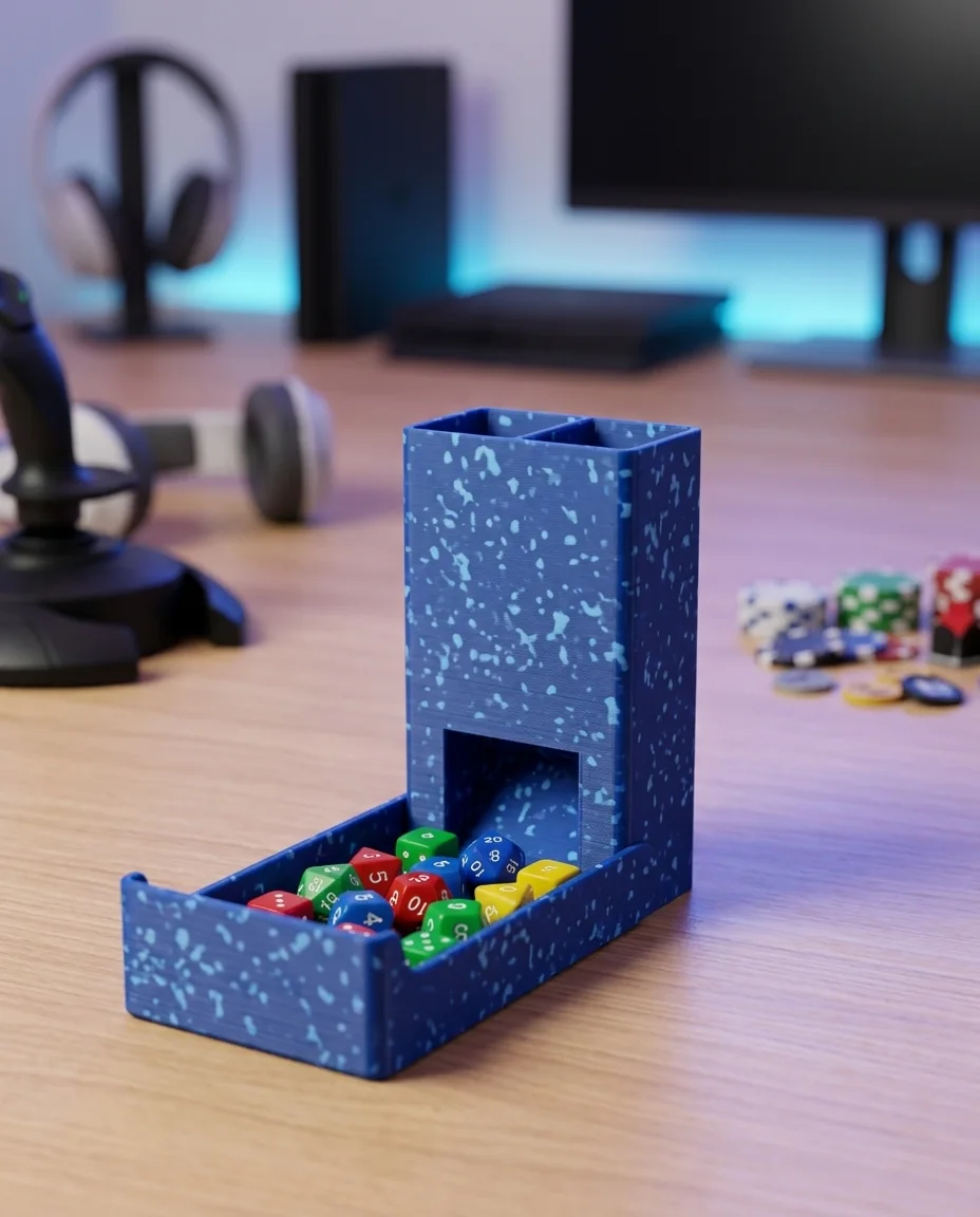 Accesorio gamer impreso en 3D en multicolor (azul y celeste): torre de dados portátil con bandeja plegable (imagen ilustrativa)