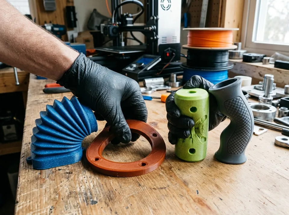 Impresión 3d de materiales flexibles industriales: piezas flexibles industriales impresas en 3D de TPU, PEBA y PLA flex: fuelle, junta, tope y empuñadura (imagen ilustrativa)