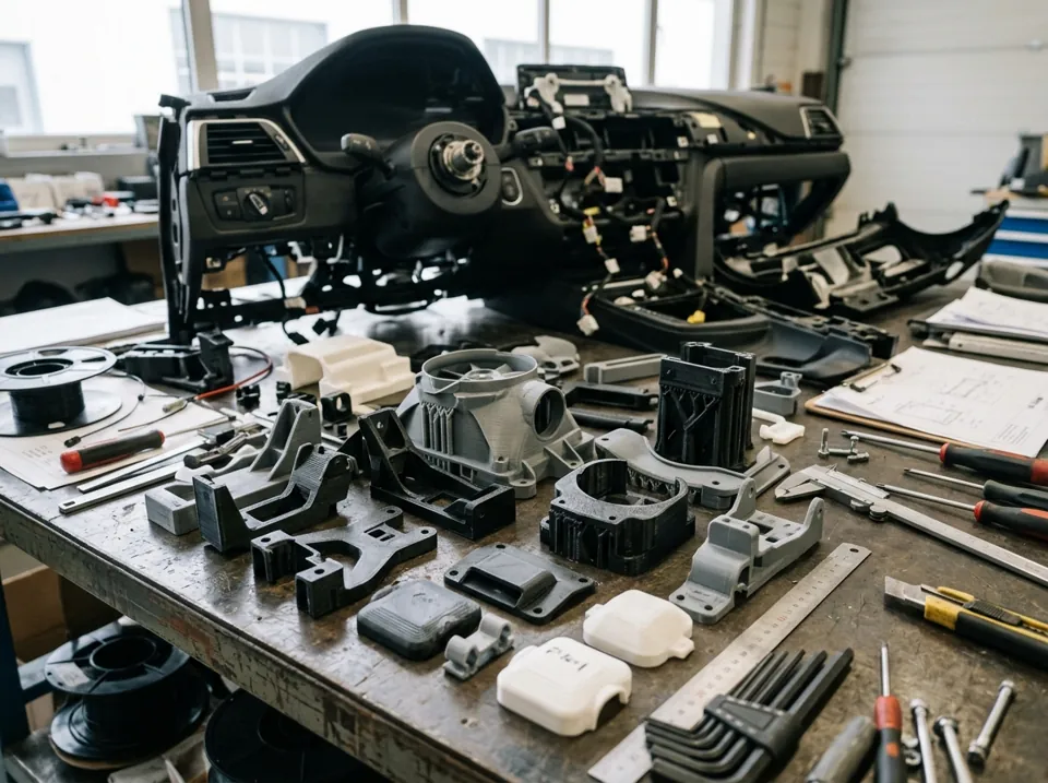 Impresión 3D de autopartes: prototipos y series cortas de autopartes plásticas impresas en 3D sobre una mesa de ingeniería automotriz (imagen ilustrativa)