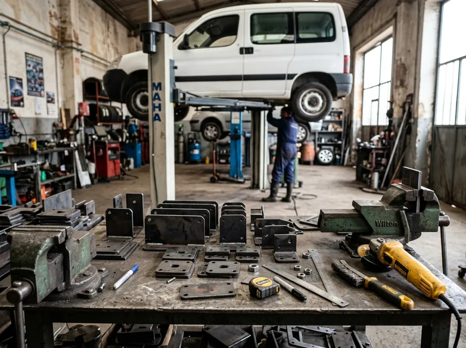 Corte láser para autopartes y accesorios de chapa: soportes, bases y accesorios de chapa de acero cortados con láser para autos y talleres (imagen ilustrativa)