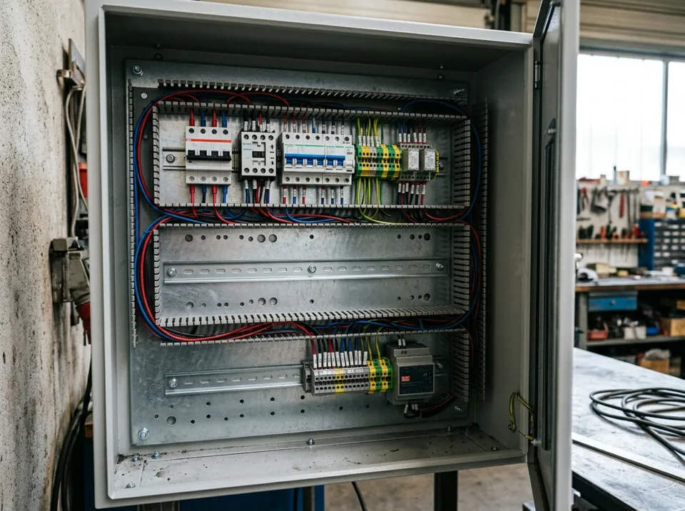 Corte láser de bandejas y soportes de tablero: bandejas de montaje y soportes de chapa cortados con láser dentro de un tablero eléctrico (imagen ilustrativa)