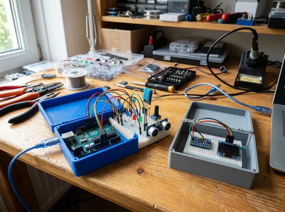 Cajas para Arduino y sensores impresas en 3D Impresión 3D de cajas para Arduino y sensores: cajas plásticas impresas en 3D para placas Arduino, módulos y sensores sobre un escritorio de proyectos (imagen ilustrativa)