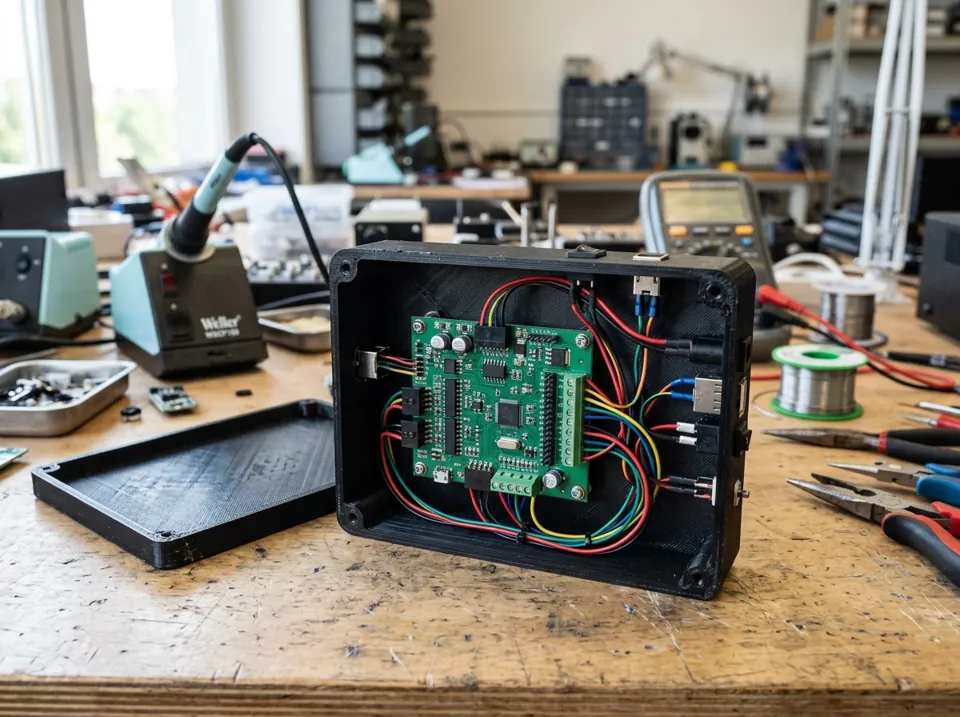 Carcasa y gabinete plástico impresos en 3D para una placa electrónica (imagen ilustrativa)