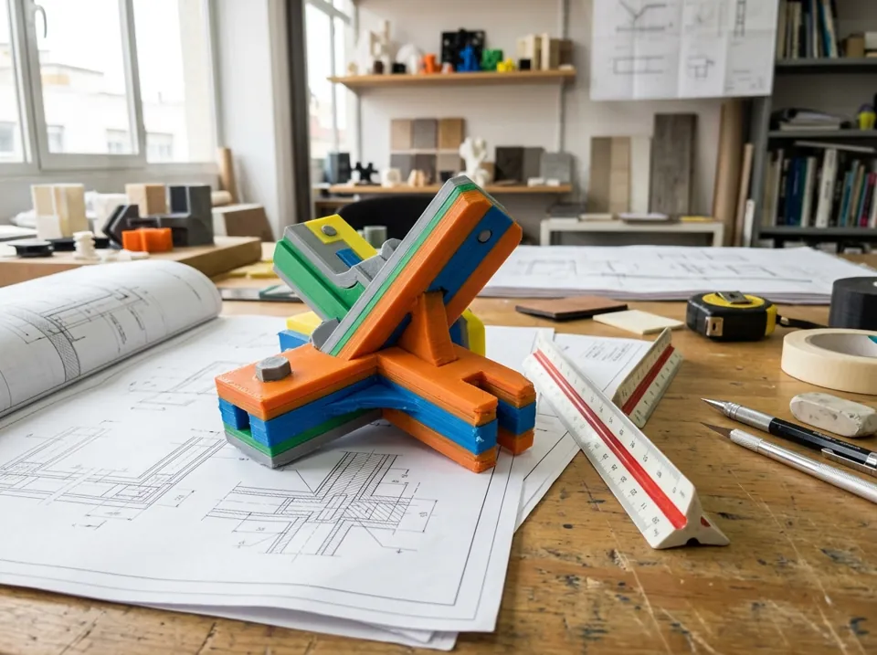 Impresión 3D de detalles constructivos: prototipo impreso en 3D de un encuentro constructivo junto a planos de detalle y escalímetro (imagen ilustrativa)