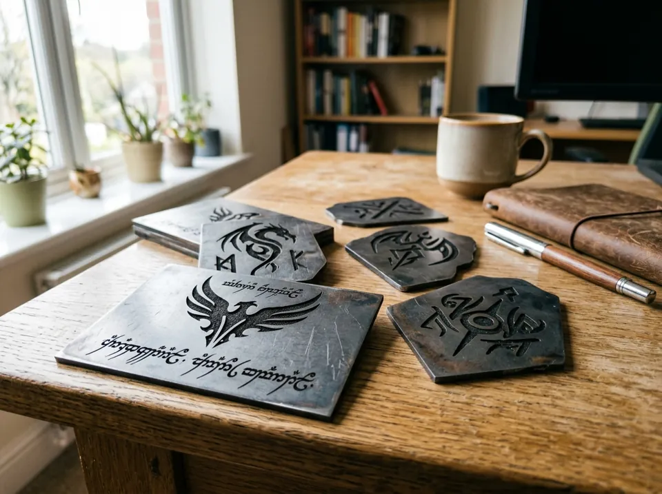 Grabado láser de placas y logos: placas de chapa con logos y nombres grabados con láser sobre un escritorio de oficina (imagen ilustrativa)