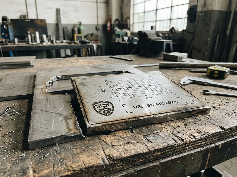 Grabado láser en metal: pieza de chapa de acero con un número de serie, un logo y una grilla grabados con láser junto a su contorno cortado (imagen ilustrativa)