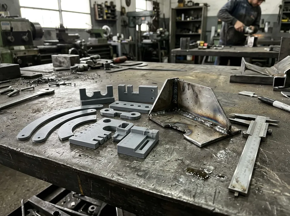 Útiles de montaje y plantillas impresos en 3D sobre una mesa de taller metalúrgico (imagen ilustrativa)