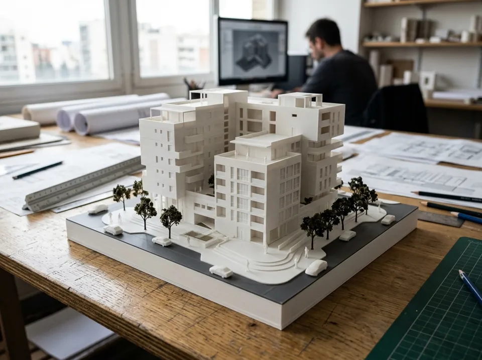 Maqueta de arquitectura impresa en 3D con volumen de edificio y entorno (imagen ilustrativa)