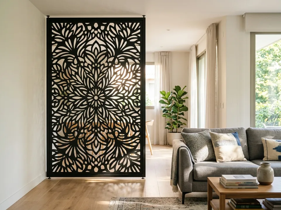 Panel decorativo de chapa cortado con láser con patrón calado en una fachada (imagen ilustrativa)
