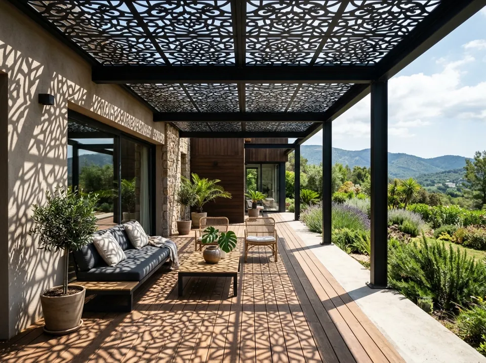 Pérgolas y parasoles de chapa cortada con láser: pérgola con parasoles de chapa calada cortada con láser proyectando sombra sobre una terraza (imagen ilustrativa)