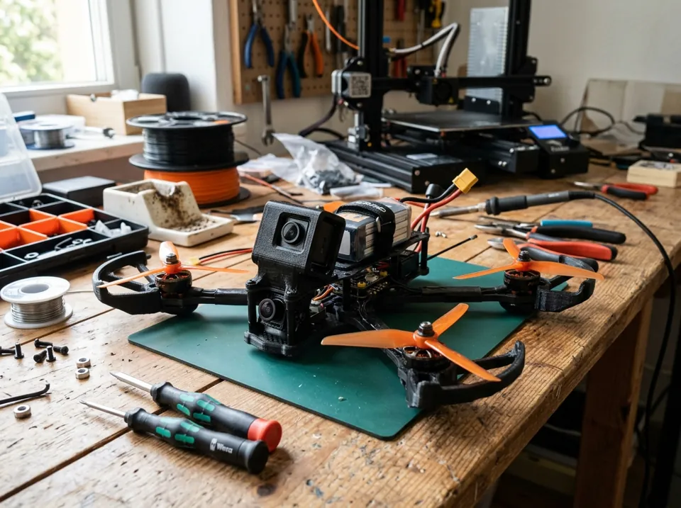 Piezas livianas de un dron impresas en 3D: soportes de motor y carcasa de cámara (imagen ilustrativa)
